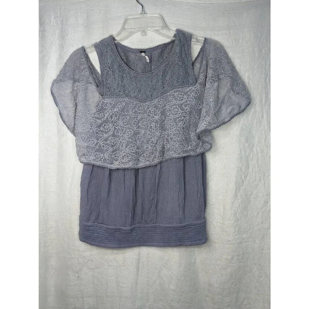 Free People Cold Shoulder Lace Boho Short Sleeve Blouse Top Lavender Purple XS